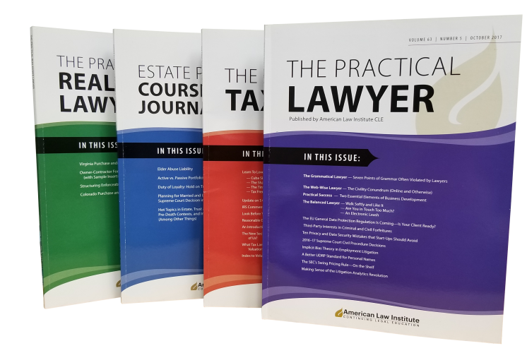 Legal Journals Arhives - Image of a copy of The Prctical Lawyer, a copy of Estate Planning Course Materials Journal, and a copy of The Practical Tax Lawyer 